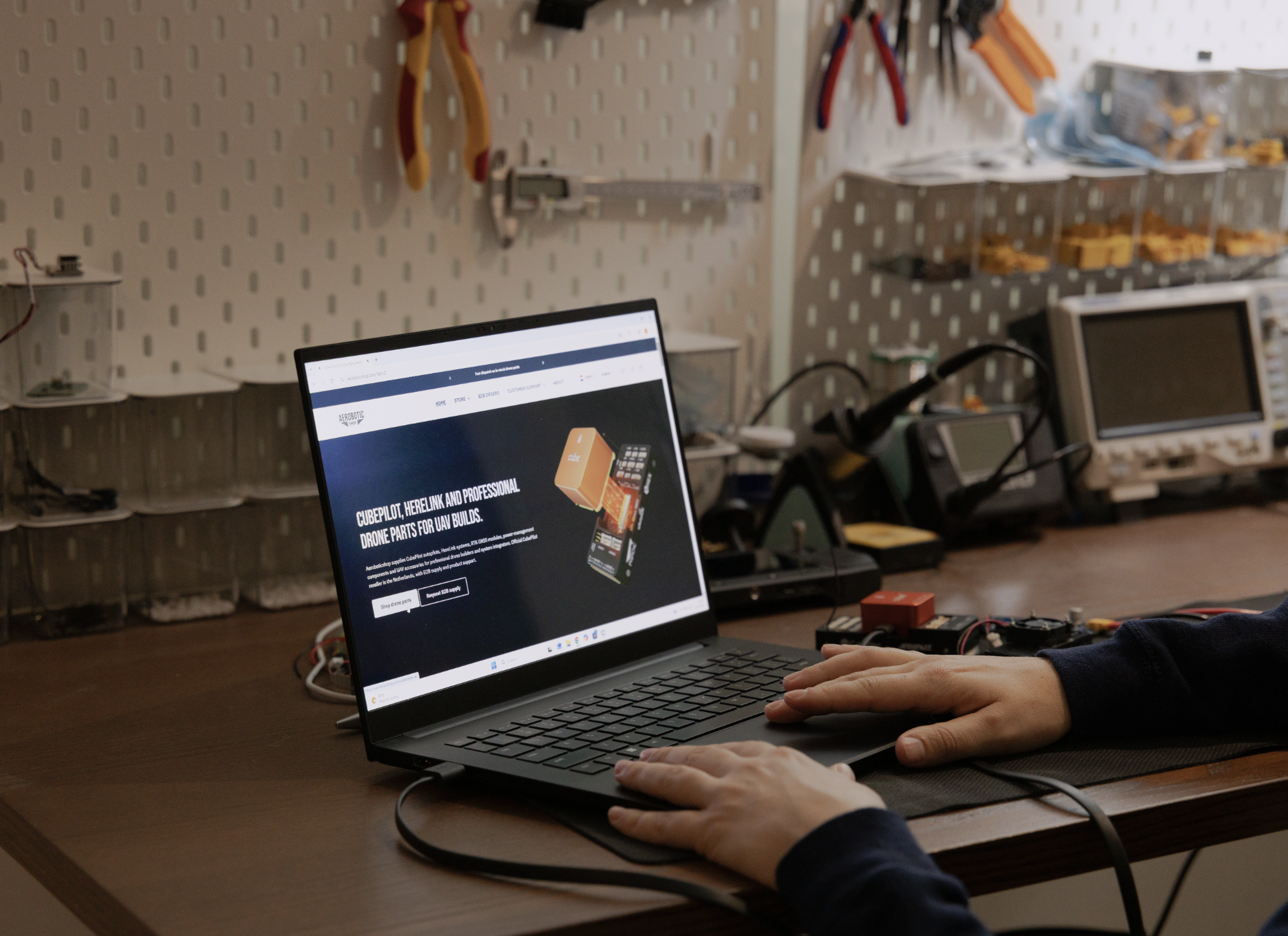 Aeroboticshop technical workspace with UAV components and product research
