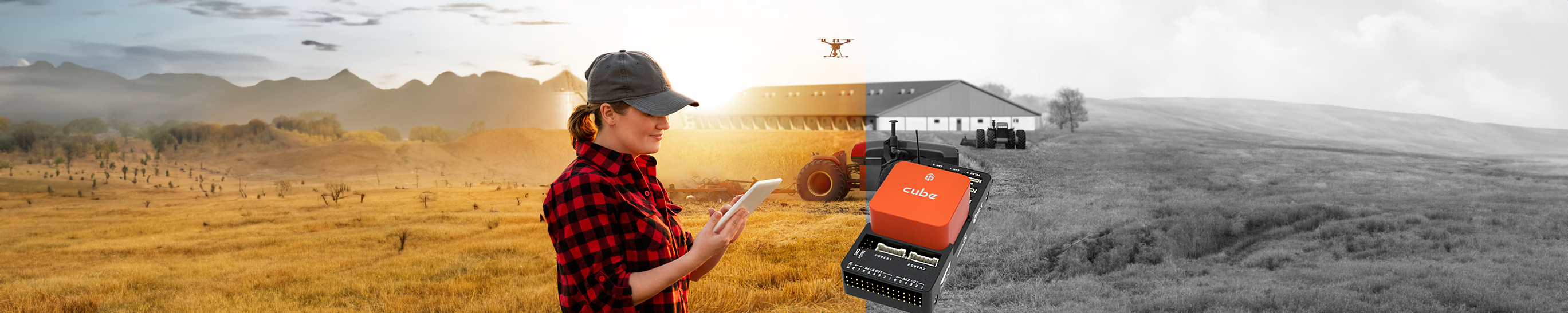 A CubePilot Orange Standard Set device is overlaid on the right side of the image, emphasizing advanced agricultural technology. - Aeroboticshop.com