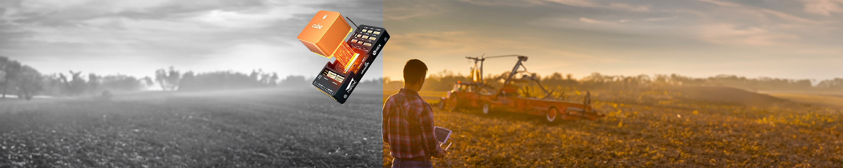 A CubePilot Orange Standard Set device on the left side, highlighting the integration of advanced technology in modern agriculture. - Aeroboticshop.com