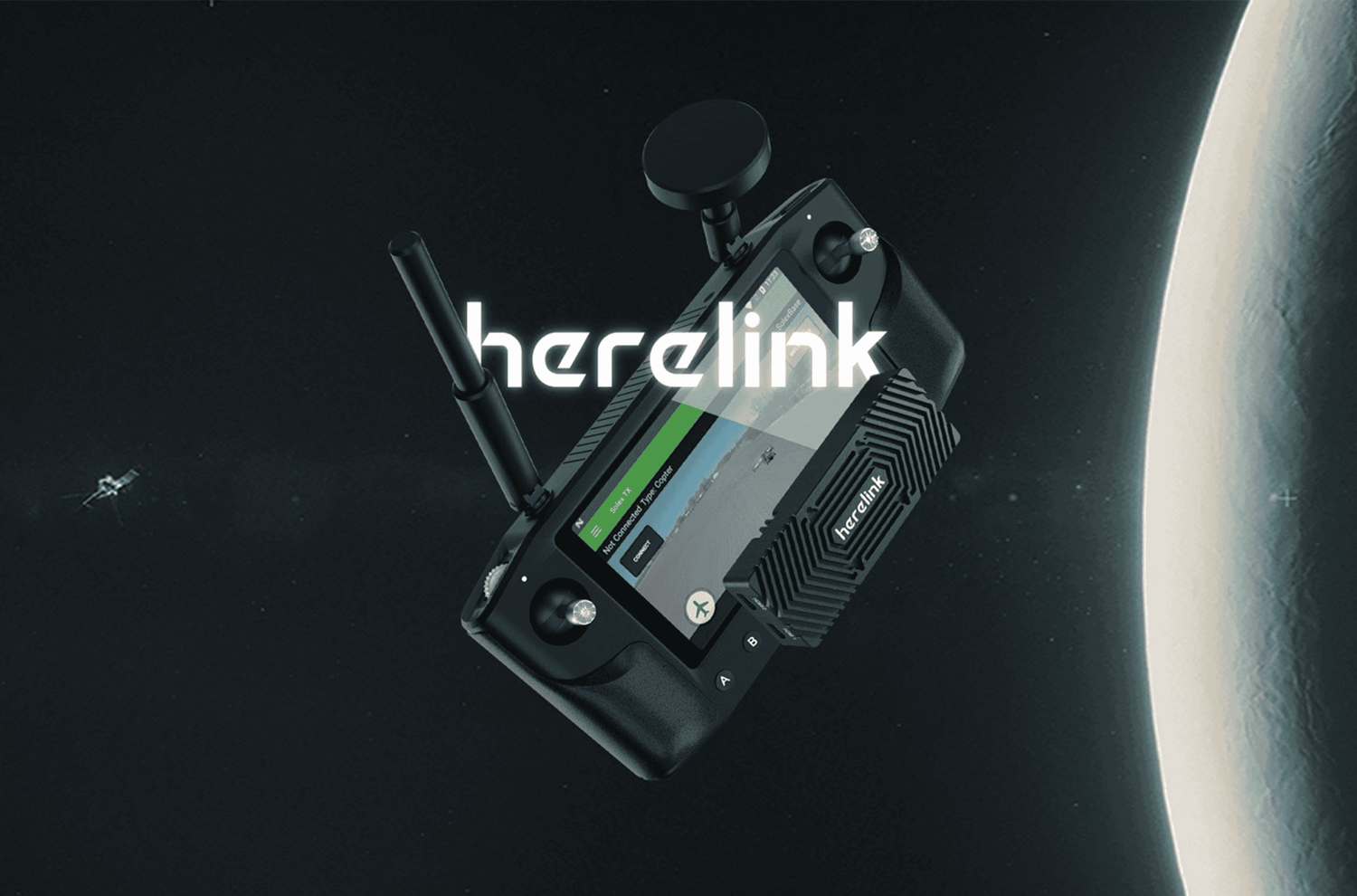 Herelink controller against a dark space background with a view of Earth and a small satellite in the distance, highlighting the advanced and futuristic technology of the Herelink system.