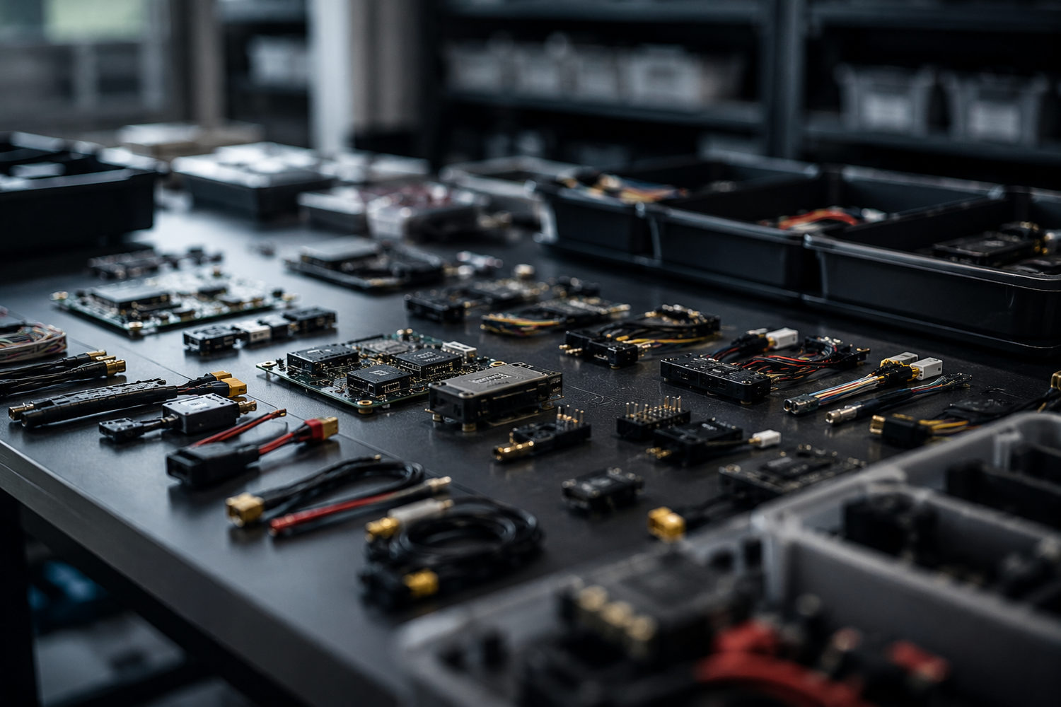 Professional UAV electronics, sensors, connectors and integration components arranged for business supply and procurement.
