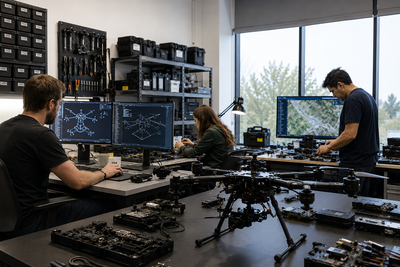 Professional UAV engineers working in a drone development laboratory with test equipment, prototypes and engineering workstations.