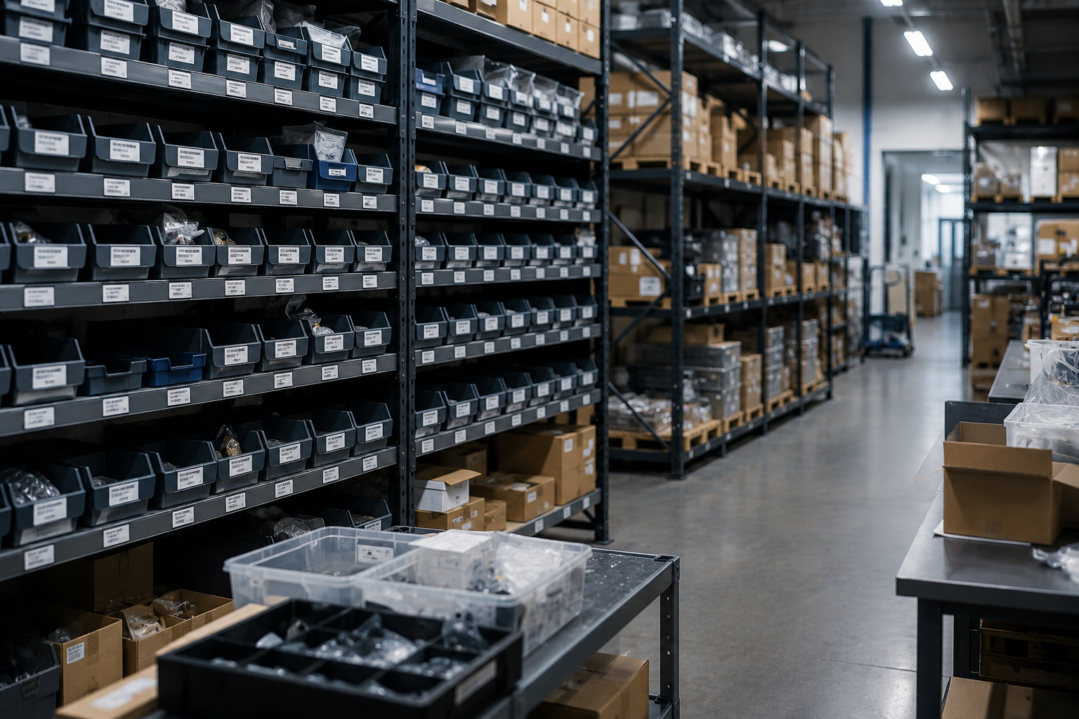 Organized warehouse with shelves of technical components prepared for bulk UAV hardware orders and recurring supply.